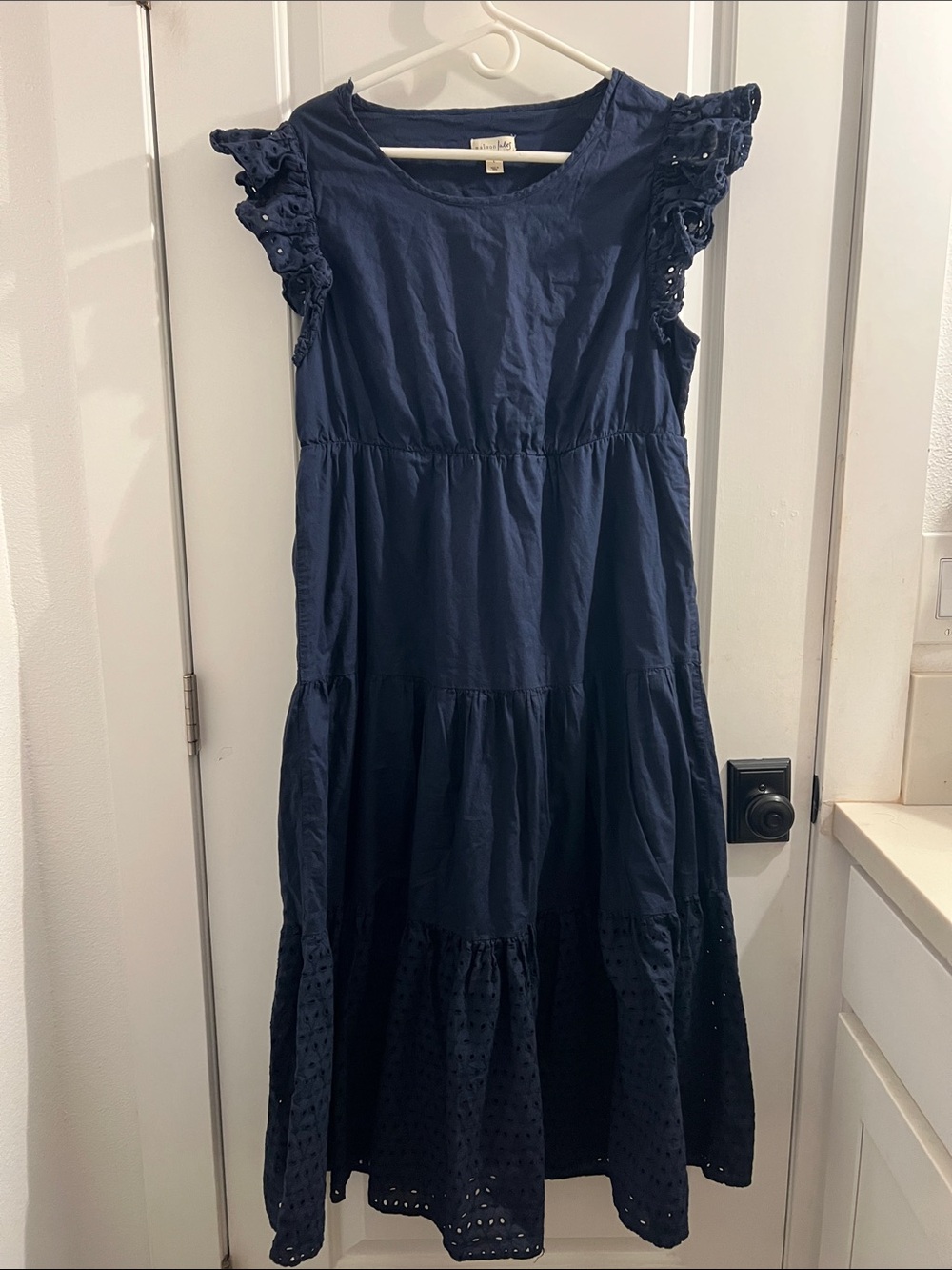 Navy Tiered Eyelet Sleeve Midi Dress